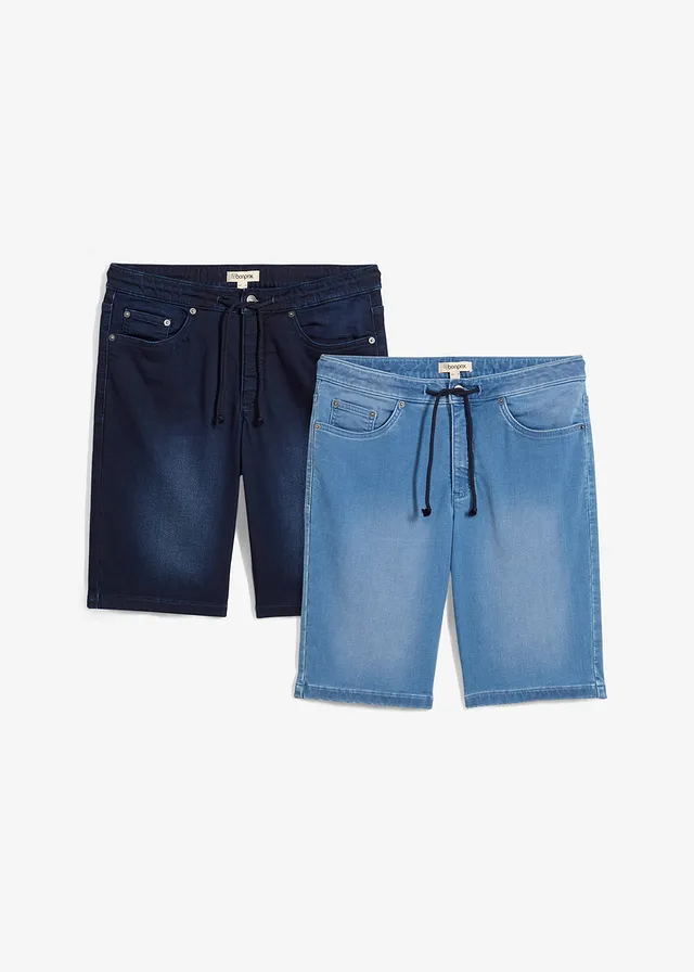 Lot de 2 bermudas en sweat effet jean, Regular, Couleur: denim bleu foncé+denim bleu clair