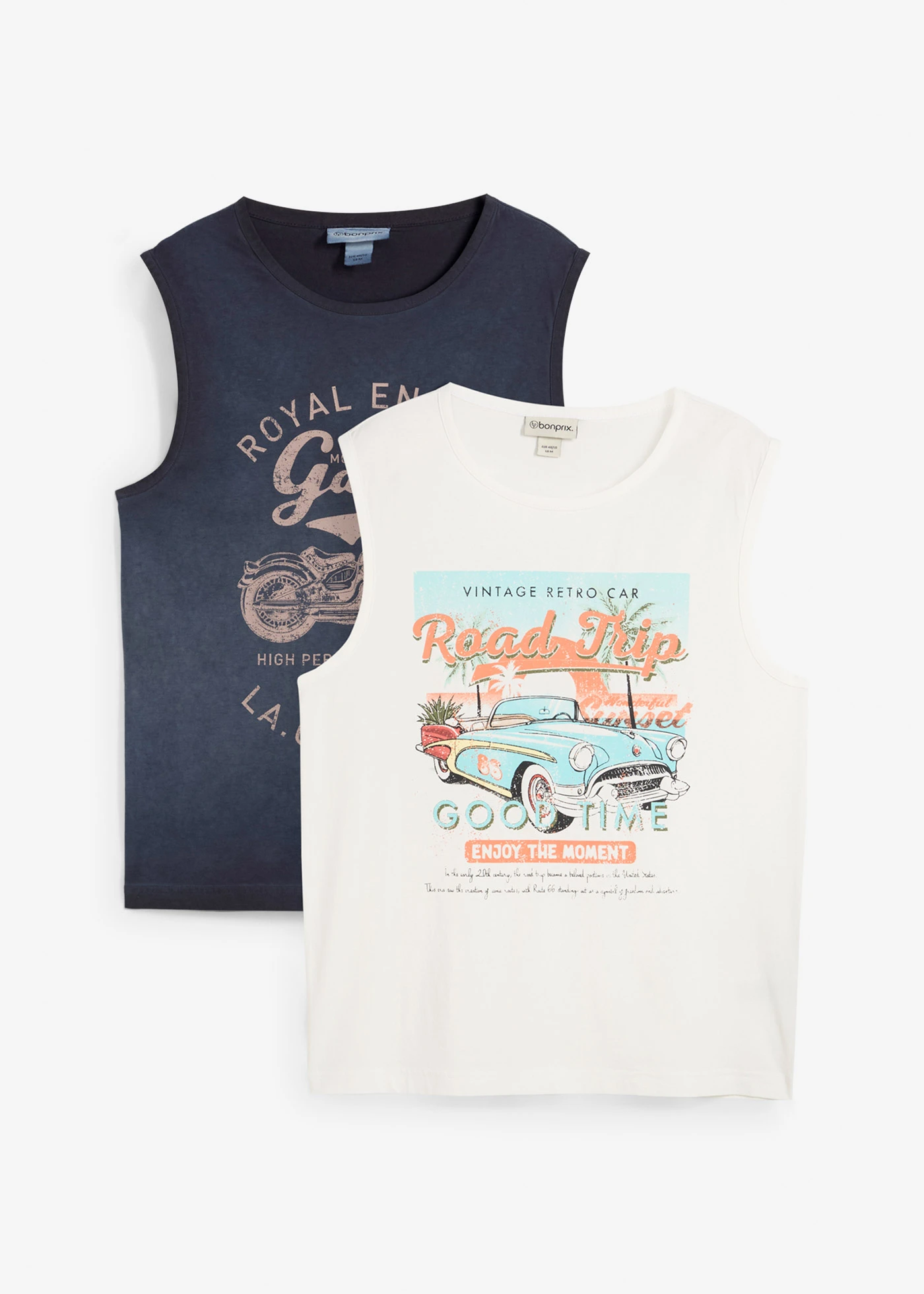 Muscle shirt in gewassen look (set van 2) • donkerblauw+wit met print • bonprix online shop