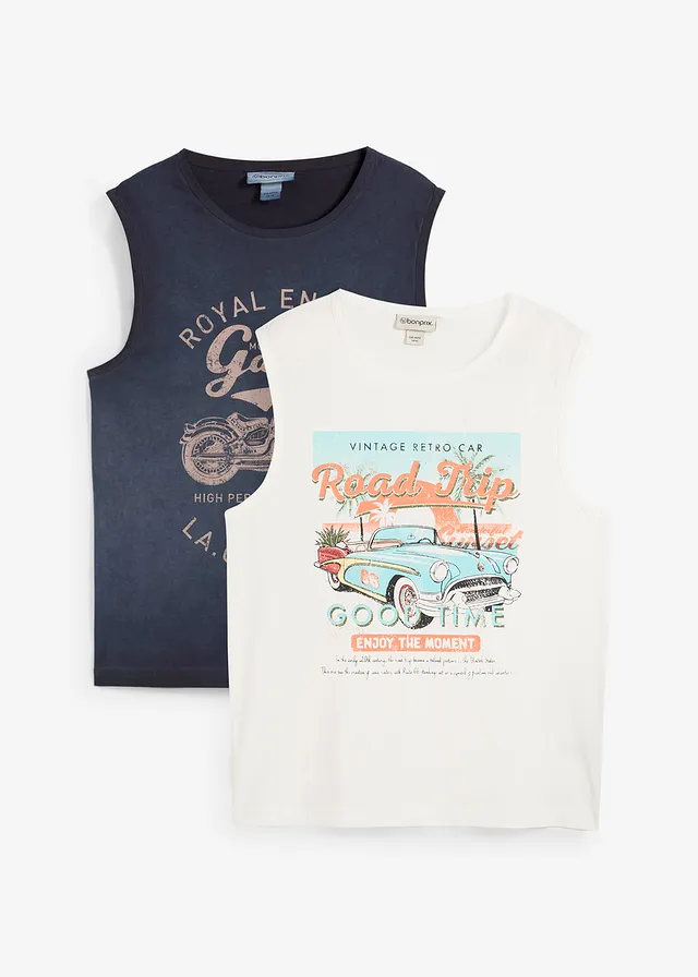 Muscle shirt in gewassen look (set van 2) • donkerblauw+wit met print • bonprix online shop