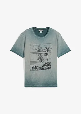 T-shirt in een verwassen look van biologisch katoen, Kleur: grijsgroen met print