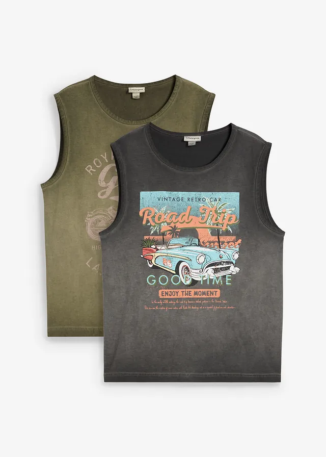 Muscle shirt in gewassen look (set van 2) • donkerolijfgroen+leisteengrijs met print • bonprix online shop