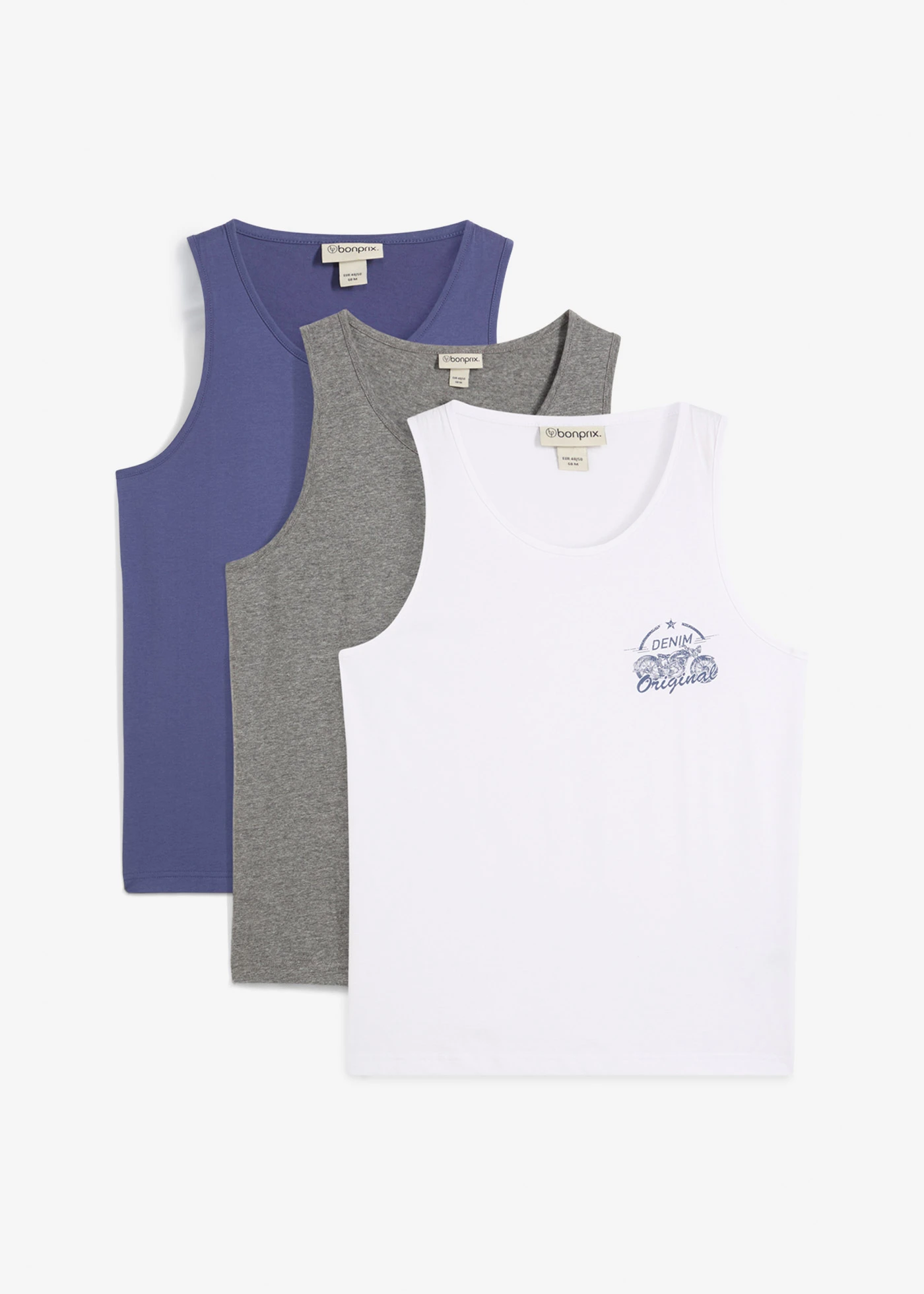 Tanktop van puur katoen (set van 3) • wit+indigo+grijs gemêleerd met print • bonprix online shop