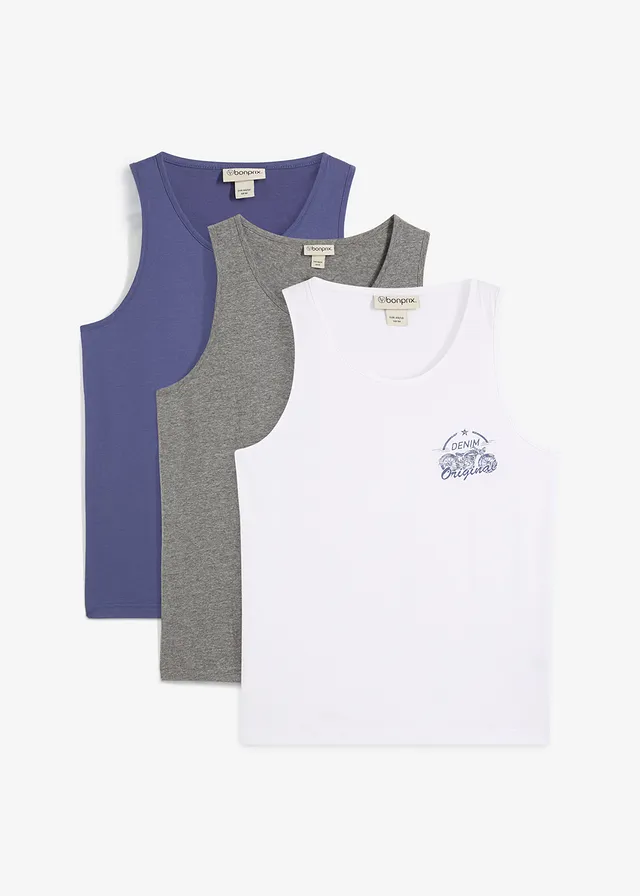Tank top (3 szt.) • biały+indygo+szary melanż, z nadrukiem • sklep bonprix