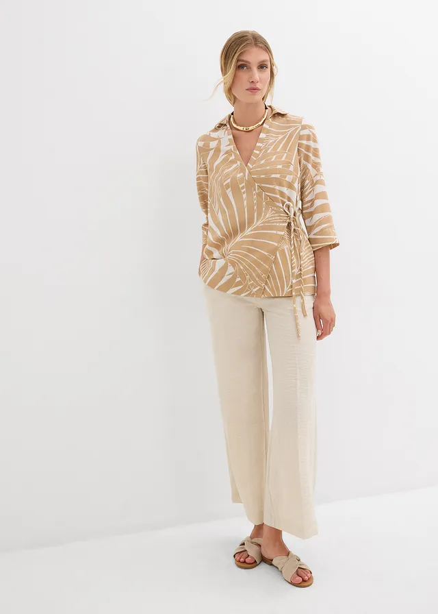 Kimono blouse in linnen look, Kleur: wolwit-new beige gedessineerd