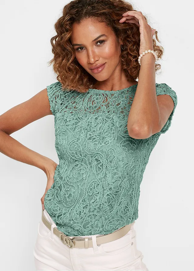 Top-blouse à dentelle, Couleur: vert pastel