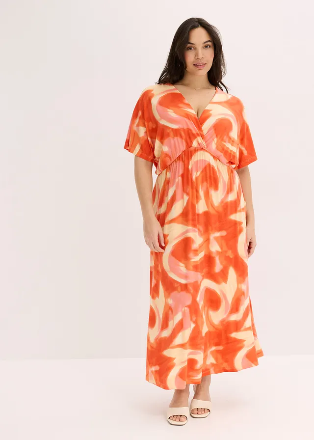 Maxi jurk met batikprint in een zachte viscosemix, Kleur: oranje gedessineerd