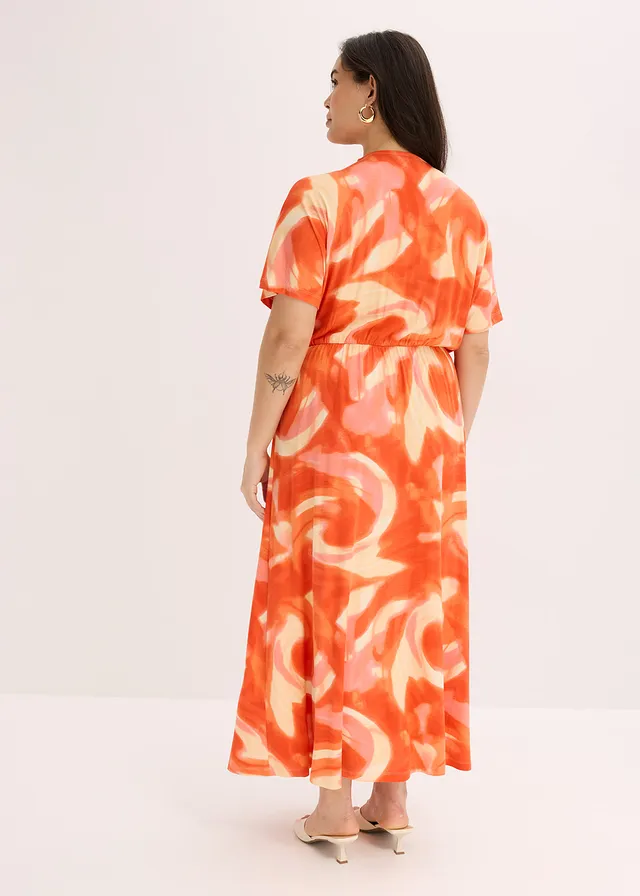 Maxi jurk met batikprint in een zachte viscosemix, Kleur: oranje gedessineerd