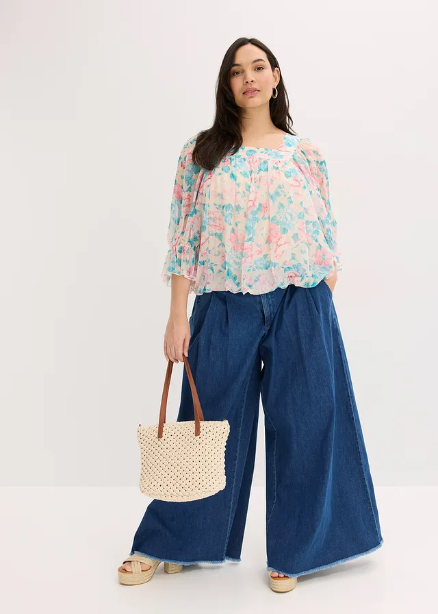 Blouse met ballonzoom, Kleur: beige gebloemd