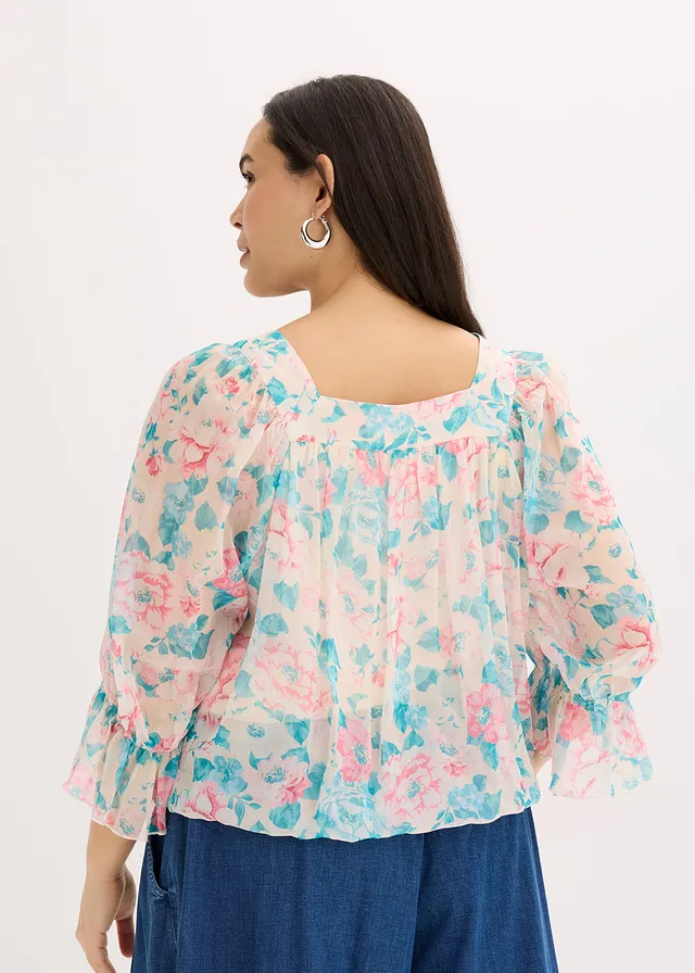 Blouse à base effet boule, Couleur: beige à fleurs