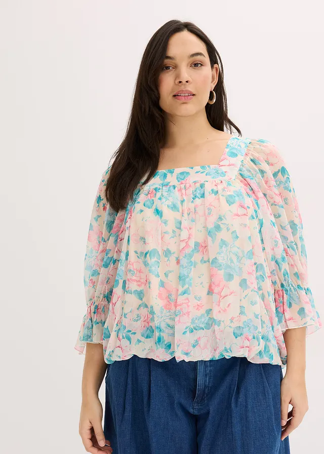 Blouse à base effet boule, Couleur: beige à fleurs