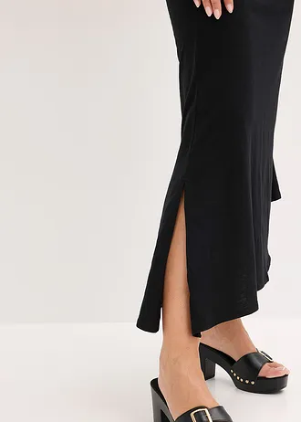 Žerzejové šaty s asymetrický spodním lemem a ozdobným uzlem na rameni, z bavlny • černá • bonprix obchod