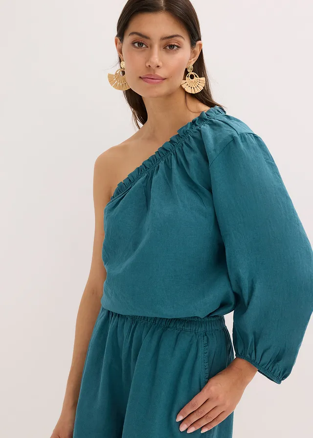 One-schouder blouse met linnen • pepergroen • product-page.page-title-suffix