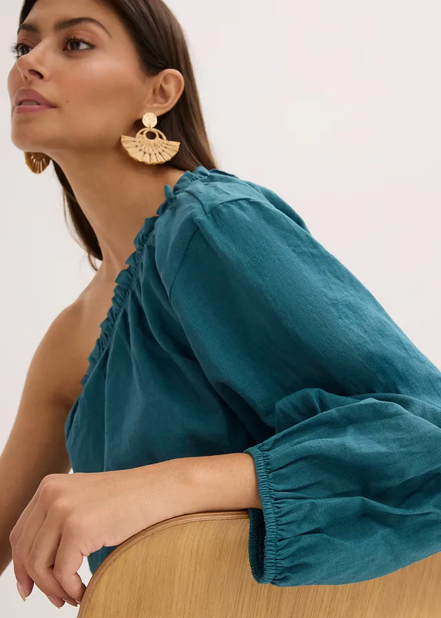 One-schouder blouse met linnen • pepergroen • product-page.page-title-suffix