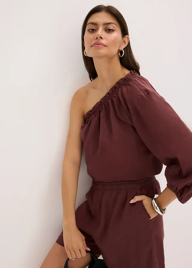 One-schouder blouse met linnen • koffiebruin • product-page.page-title-suffix