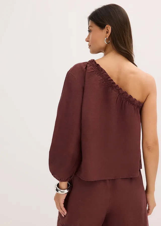 One-schouder blouse met linnen • koffiebruin • product-page.page-title-suffix