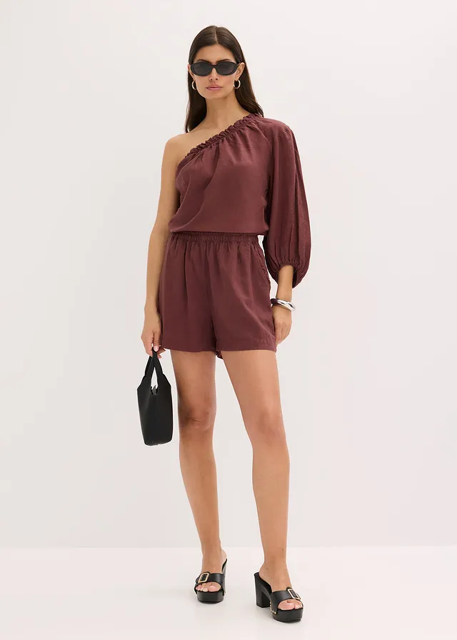 One-schouder blouse met linnen, Kleur: koffiebruin