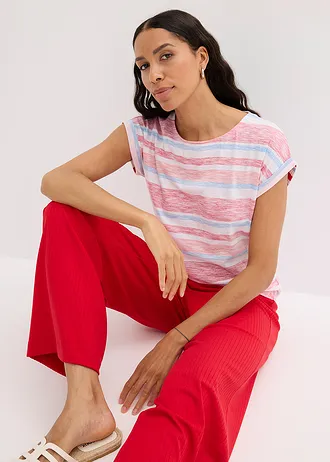 T-shirt 100% coton • rouge profond-saumon clair-blanc rayé • Boutique bonprix