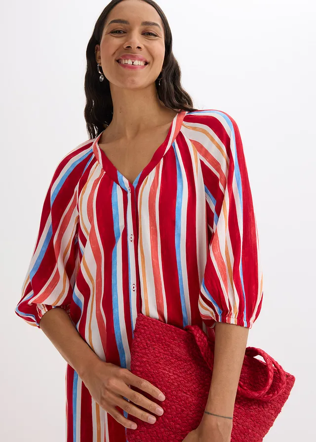 Gestreepte kaftan jurk van gestructureerde viscose • klaproosrood-lichtzalm-wit gestreept • product-page.page-title-suffix