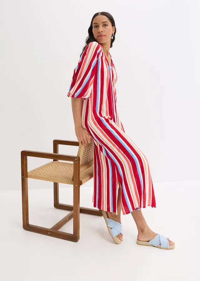 Gestreepte kaftan jurk van gestructureerde viscose • klaproosrood-lichtzalm-wit gestreept • product-page.page-title-suffix