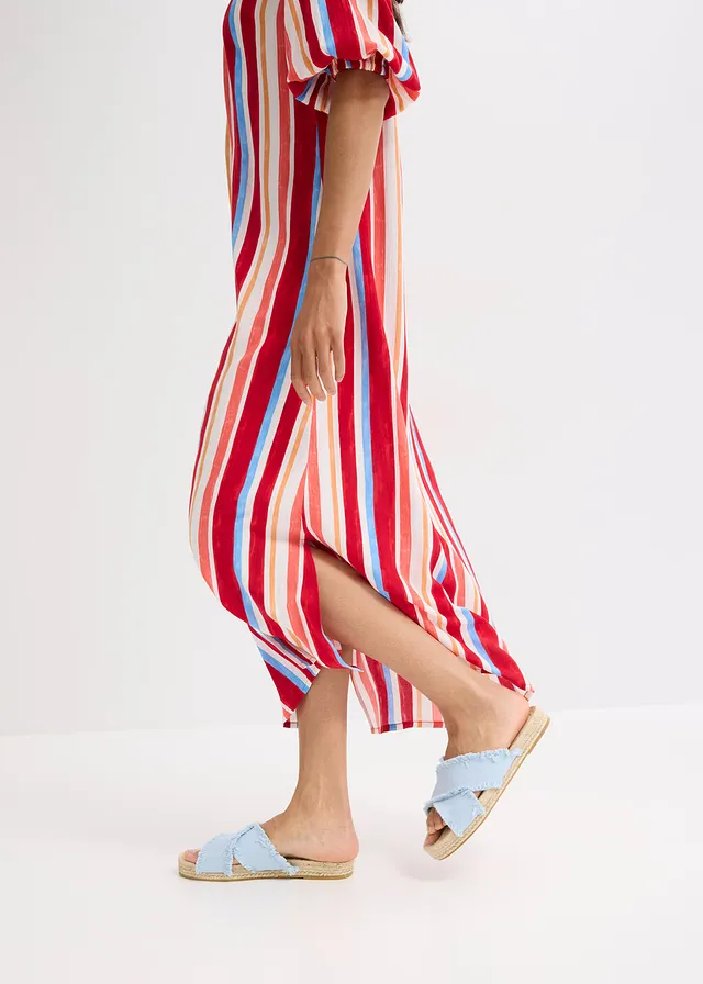Gestreepte kaftan jurk van gestructureerde viscose • klaproosrood-lichtzalm-wit gestreept • product-page.page-title-suffix