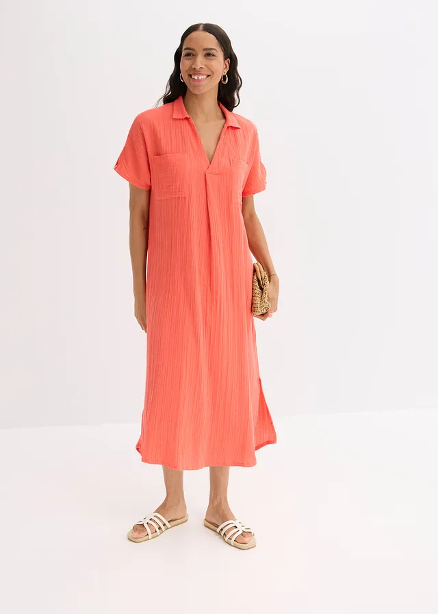 Kaftan jurk van zachte mousseline, Kleur: lichtzalm