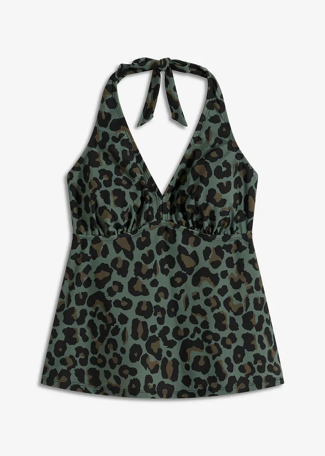 Tankiny s ramínkem za krk a výstřihem do V, horní díl • khaki-černá s leopardím potiskem • bonprix obchod