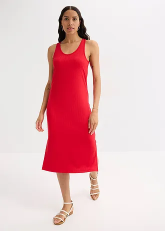 Robe midi en maille douce et côtelée, Couleur: rouge profond