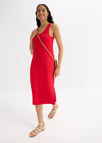 Robe midi en maille douce et côtelée, Couleur: rouge profond