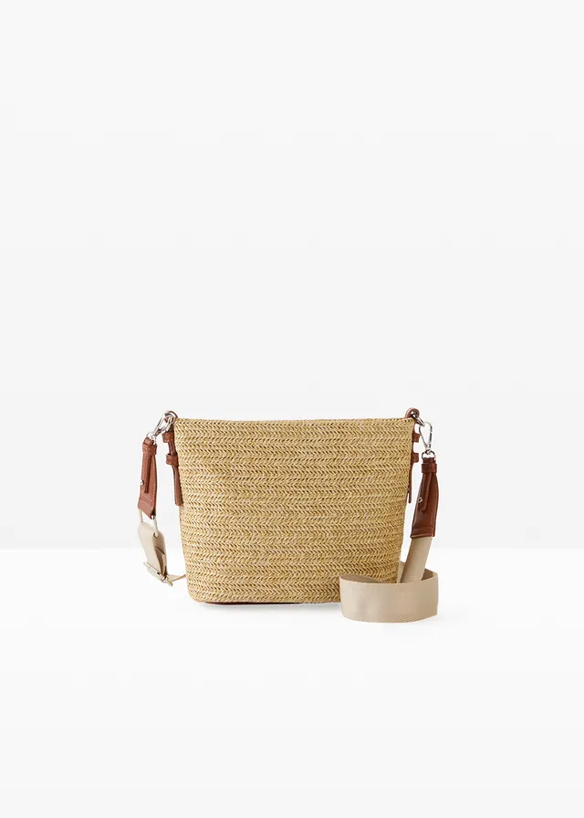 Sac à bandoulière aspect paille, Couleur: naturel/cognac