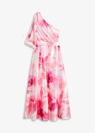 Egyvállas ruha fénylő szaténból • fehér-pink virágmintás • bonprix áruház
