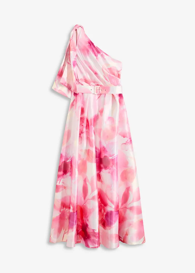 Egyvállas ruha fénylő szaténból • fehér-pink virágmintás • bonprix áruház