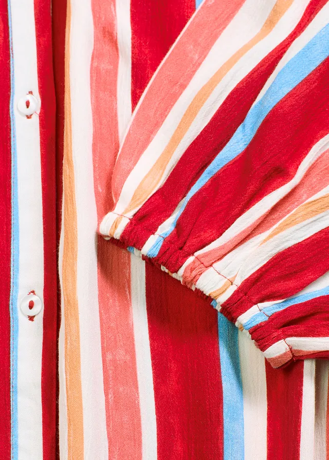 Gestreepte kaftan jurk van gestructureerde viscose • klaproosrood-lichtzalm-wit gestreept • product-page.page-title-suffix