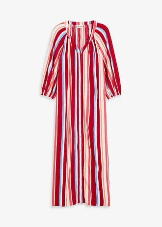 Robe caftan rayée en viscose texturée, Couleur: rouge coquelicot/saumon clair/blanc rayé