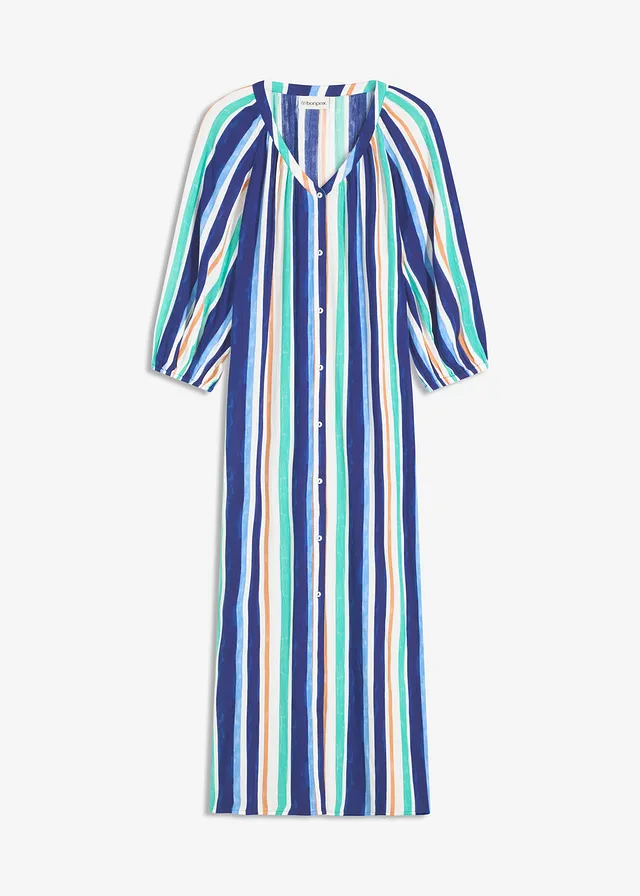 Robe caftan rayée en viscose texturée, Couleur: bleu arctique/bleu clair/blanc rayé