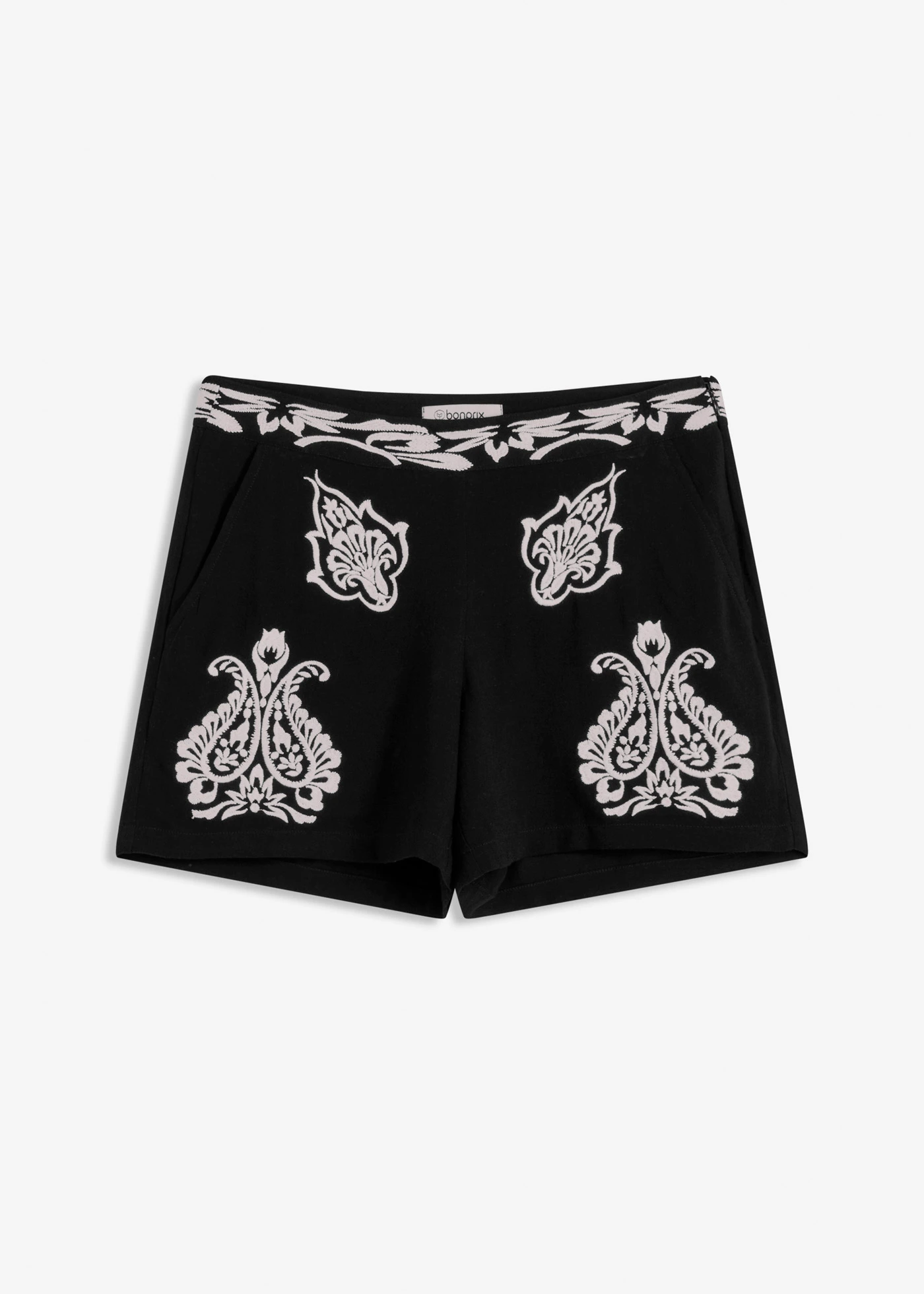 Szorty z haftem z miękkiej mieszanki wiskozy • czarno-biały • sklep bonprix