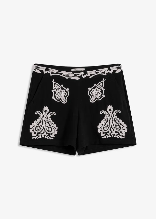 Szorty z haftem z miękkiej mieszanki wiskozy • czarno-biały • sklep bonprix