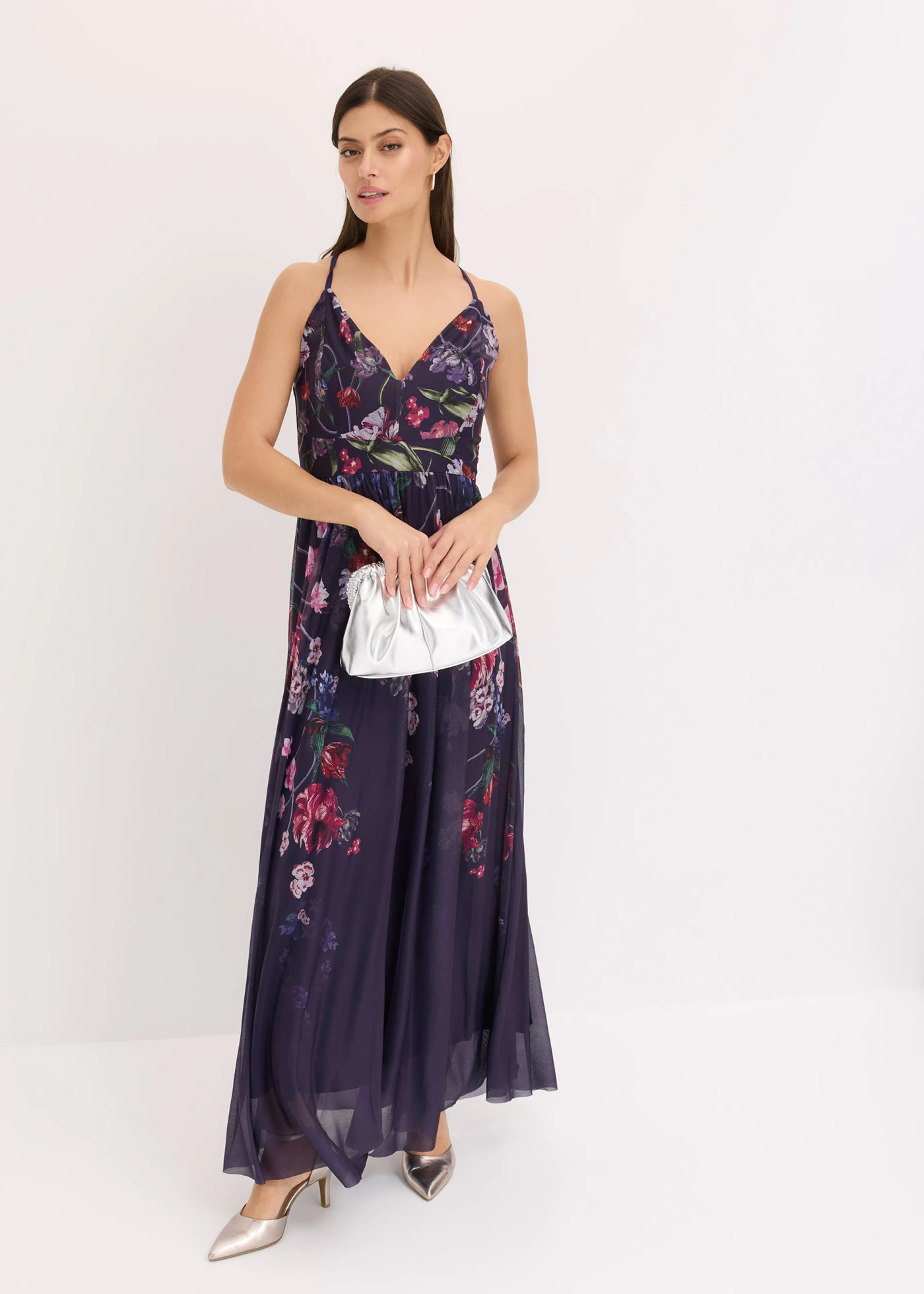 Robe longue en tulle délicat avec bretelles • bleu foncé floral • Boutique bonprix