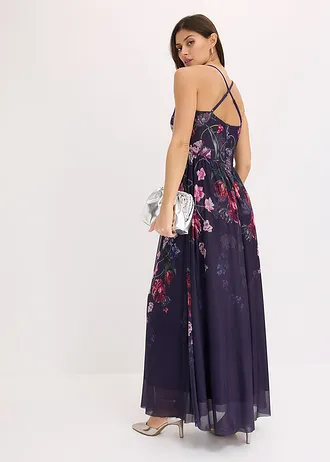 Maxi jurk van fijne tule met spaghettigbandjes • donkerblauw gebloemd • bonprix online shop
