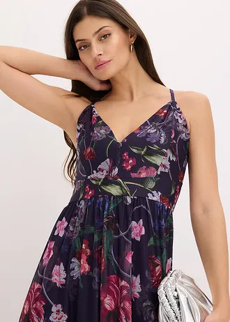 Maxi jurk van fijne tule met spaghettigbandjes • donkerblauw gebloemd • bonprix online shop