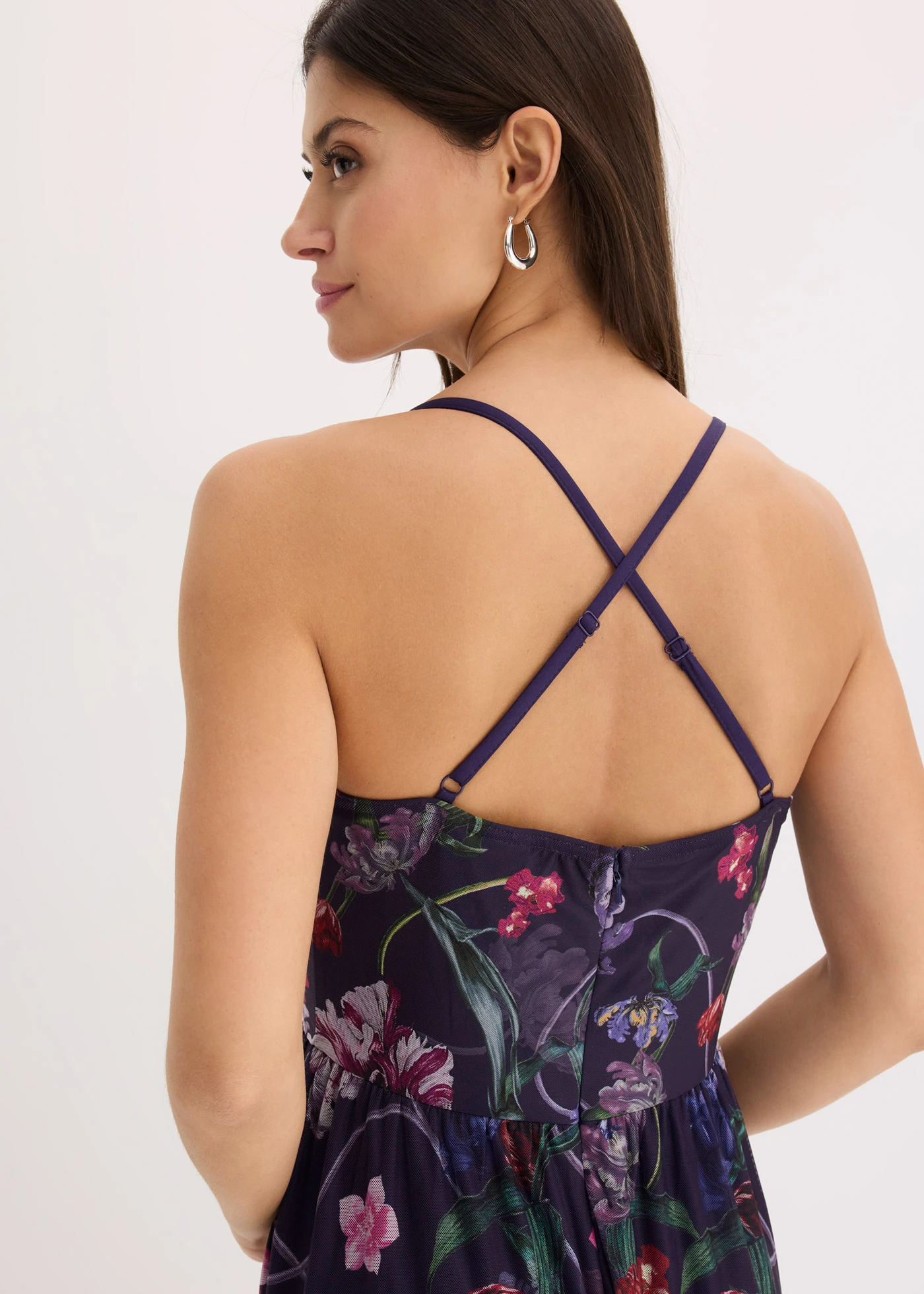 Robe longue en tulle délicat avec bretelles • bleu foncé floral • Boutique bonprix