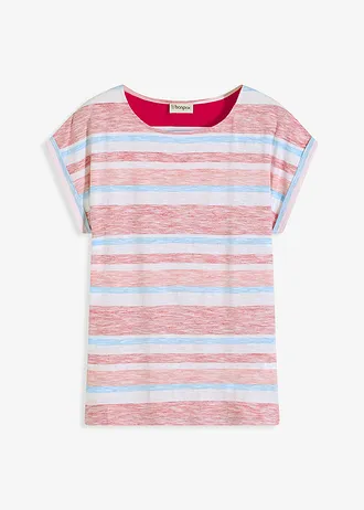 T-shirt z czystej bawełny organicznej, kolor: ciemnoczerwony-jasny łososiowy-biały w paski