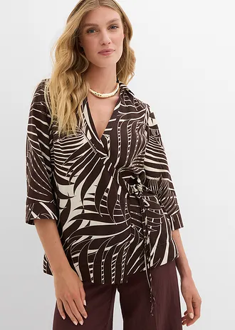 Kimono blouse in linnen look, Kleur: ecru-donkerbruin gedessineerd