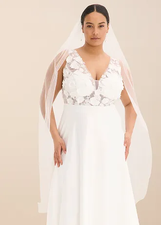 Trouwjurk van glanzend satijn met bloemenapplicatie • wolwit plus size • bonprix online shop