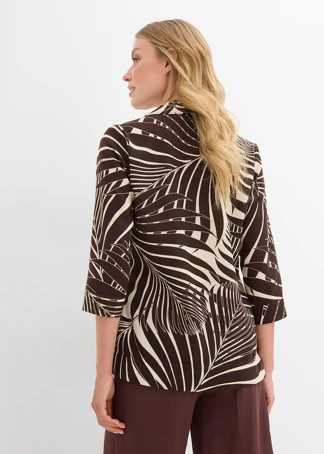 Kimono blouse in linnen look, Kleur: ecru-donkerbruin gedessineerd