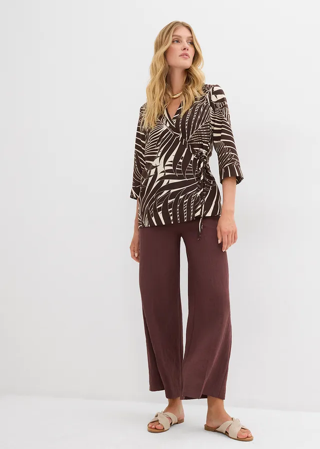 Kimono blouse in linnen look, Kleur: ecru-donkerbruin gedessineerd