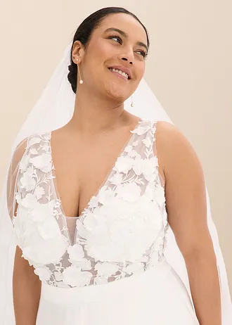 Trouwjurk van glanzend satijn met bloemenapplicatie • wolwit plus size • bonprix online shop