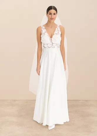 Svatební šaty z lesklého saténu s květinovými aplikacemi • přírodní bílá • bonprix obchod