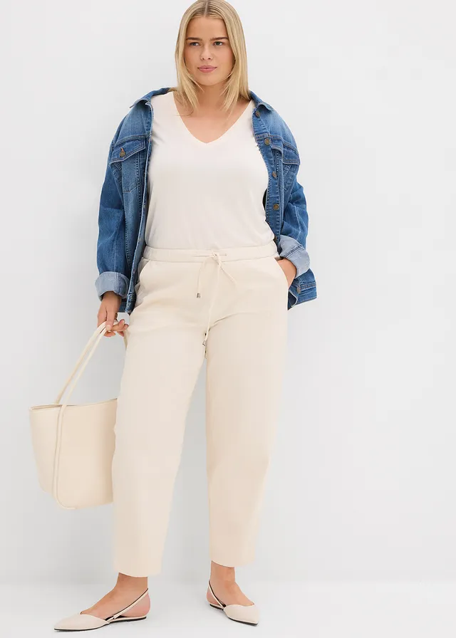 Jean barrel taille mi-haute élastiquée, Couleur: beige naturel