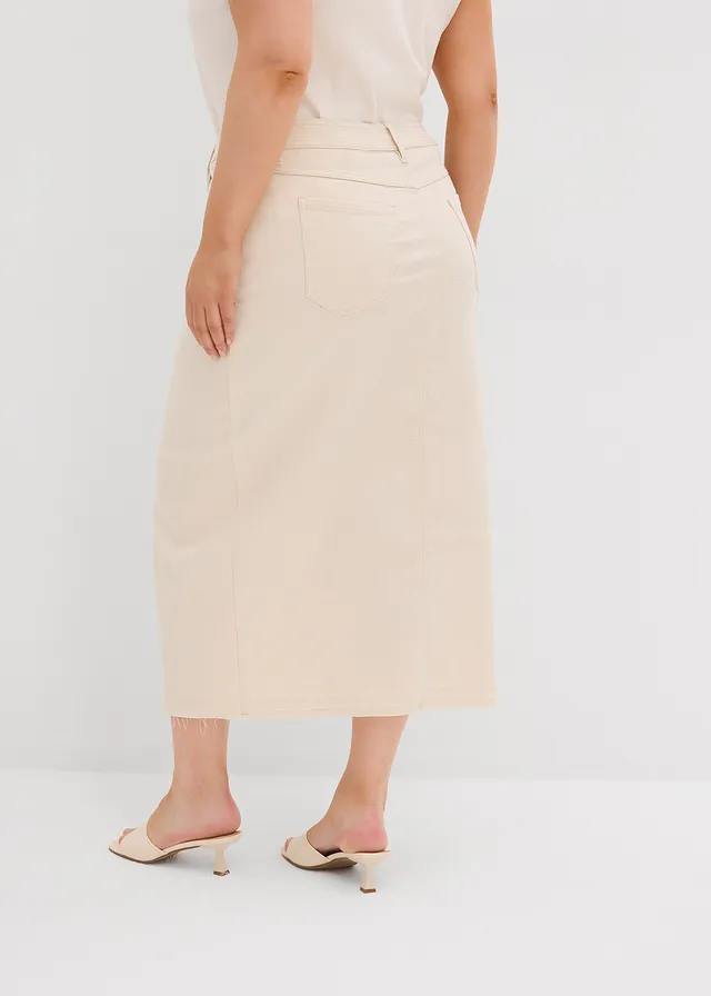 Jupe en jean fendue devant, Couleur: beige naturel