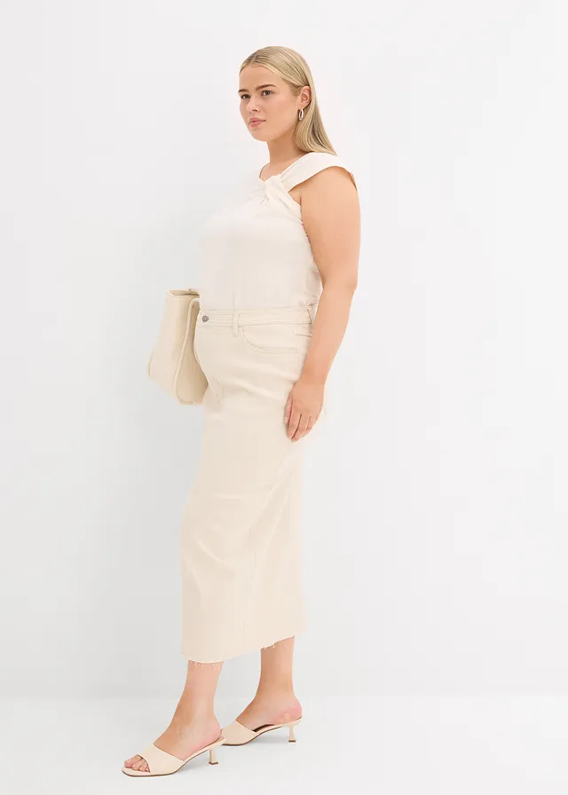 Jupe en jean fendue devant, Couleur: beige naturel